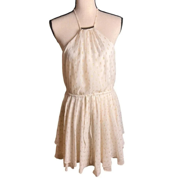 Bebe Womens Halter Dress Ivory/ Gold Accents Strappy Back Tie Elastic Waist M - Picture 2 of 16